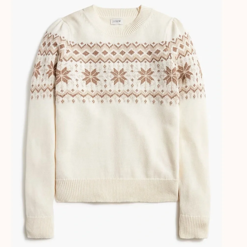 J. Crew 100% Cotton Fair Isle Ivory Brown Crewneck Sweater Puff Slv Sz M SOOL